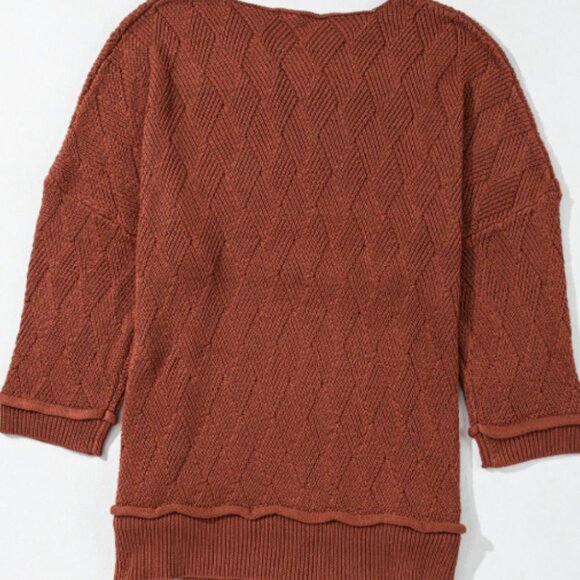 Diamond Knit Round Neck Sweater - Rust Brown Dropped Shoulder Top - Picture 7 of 12